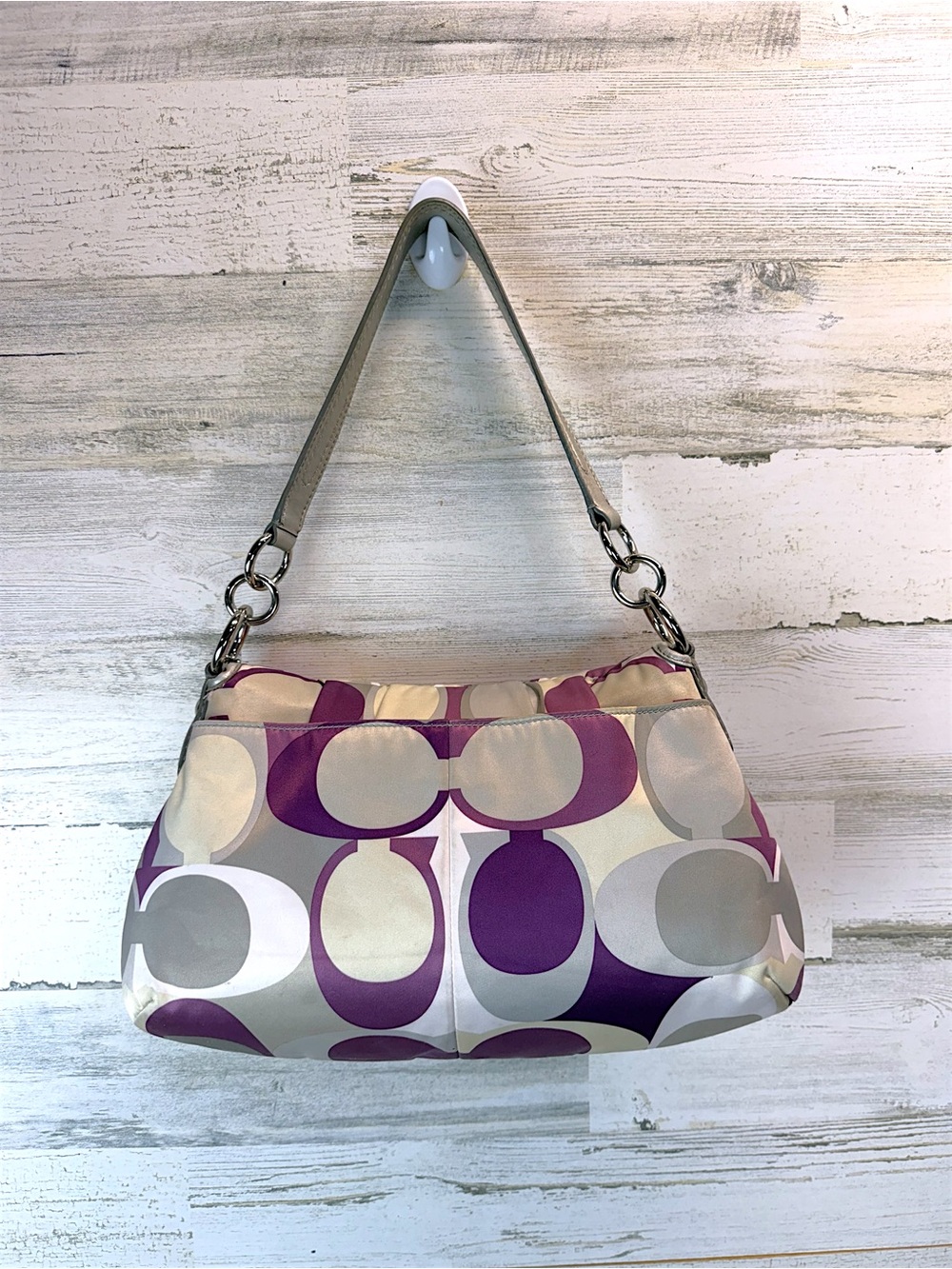Coach Soho Purple Gray Op Art Satin Shoulder Bag Silver Buckle Hobo Purse - Picture 4 of 12